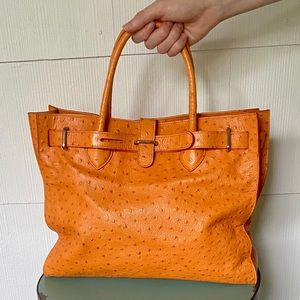 Furla Orange Ostrich Embossed Leather Greta Tote
